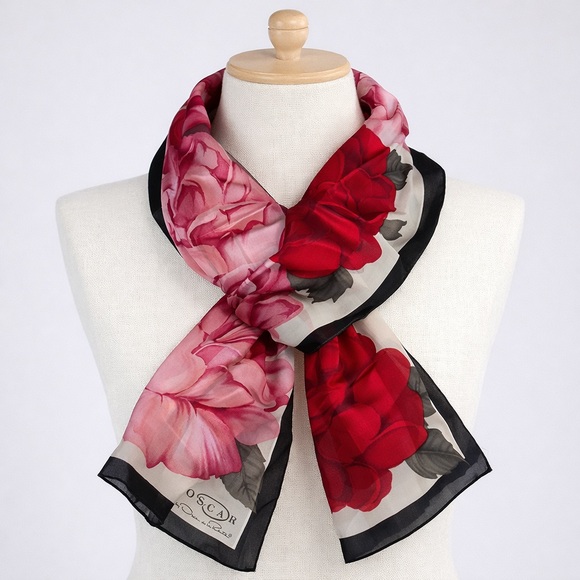 Oscar de la Renta Accessories - Oscar de la Renta Vintage Floral Silk Scarf - Red and Pink Roses Sheer Long